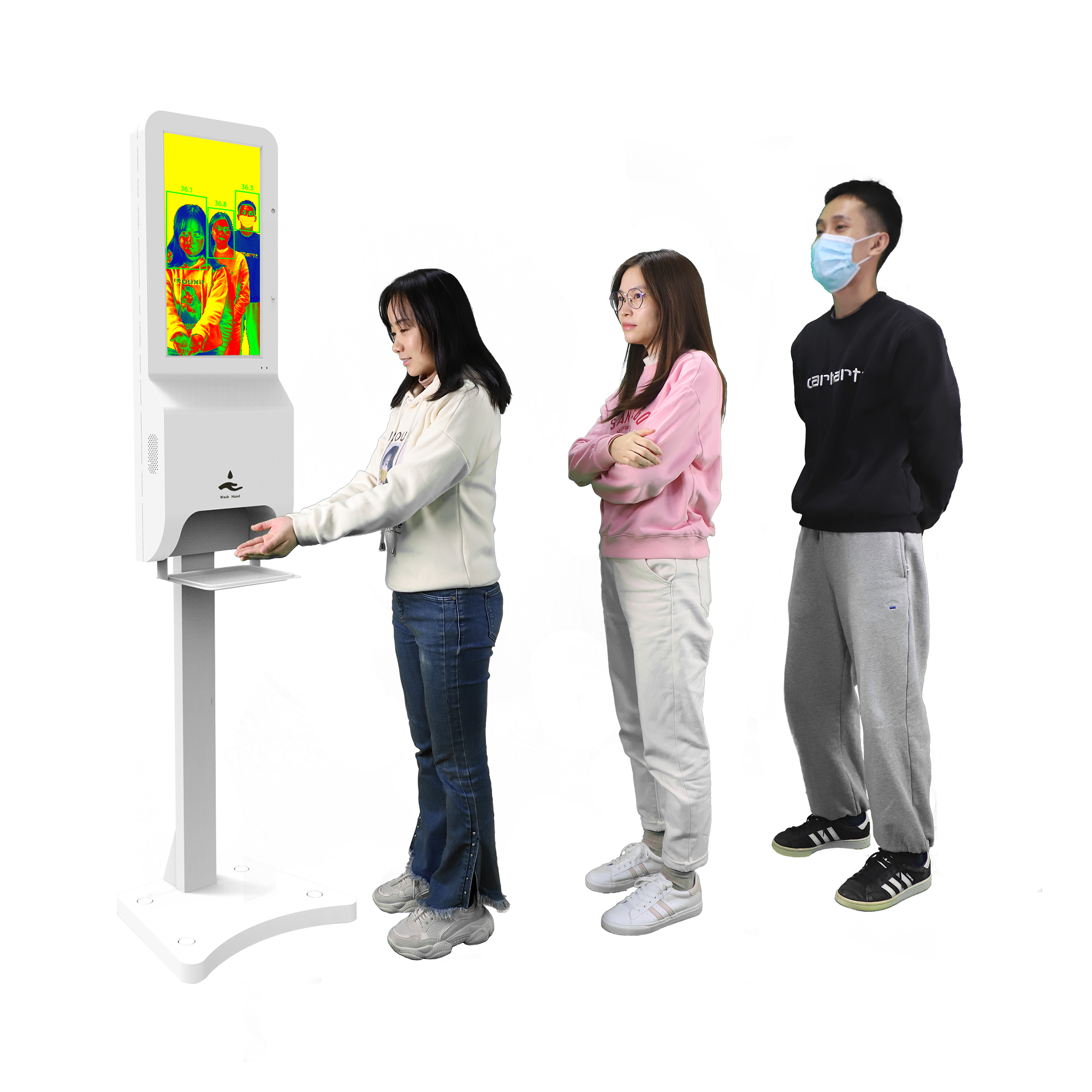 Multi-person thermal imaging temperature measuring and hand washing kiosk
